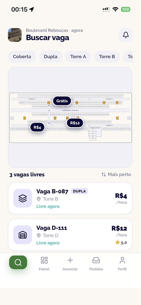 Tela do app Vagô: Buscar vaga no mapa do condo.