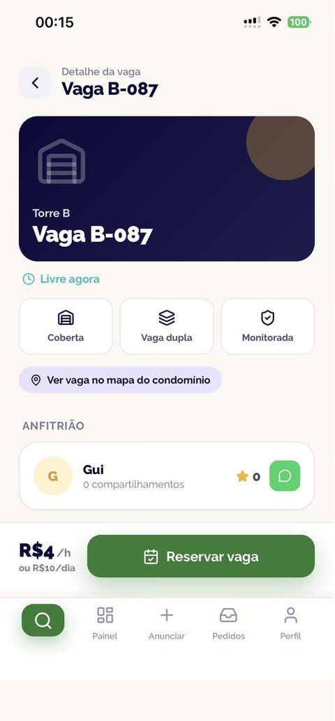 Tela do app Vagô: Detalhe da vaga e do anfitrião.