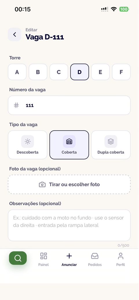 Tela do app Vagô: Anunciar a sua vaga.
